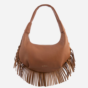 Simona - τσάντα ώμου με σουέτ κρόσσια - καφέ