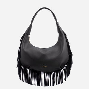 Simona - τσάντα ώμου με σουέτ κρόσσια - μαύρο